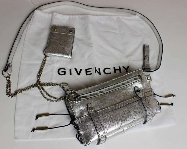 Givenchy Silver Leather Corset Detail Mini Biker Cross Body Chain Bag Purse