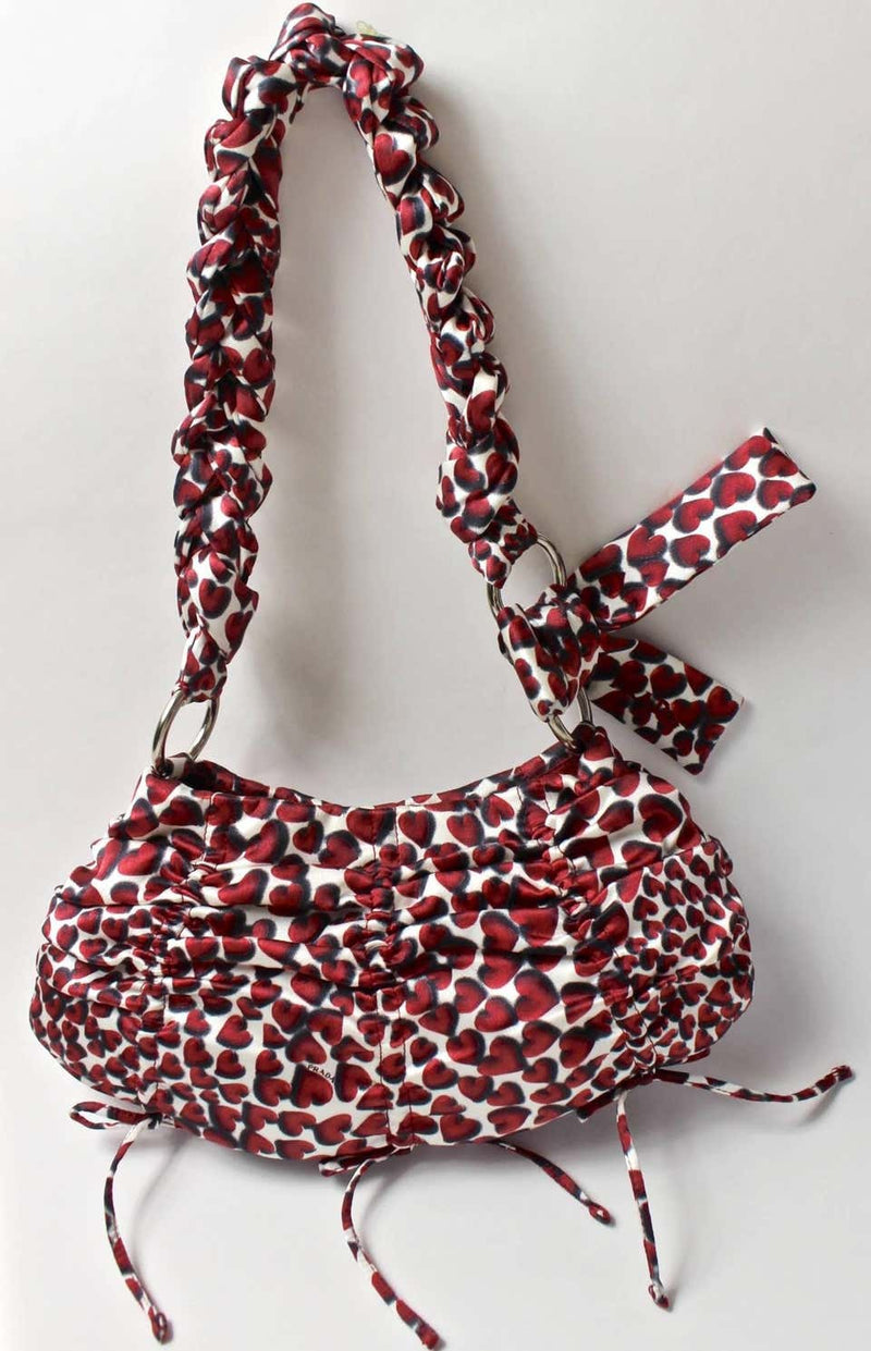 Prada Iconic Heart Print Silk Satin Shoulder Evening Bag Bows Spring 2000