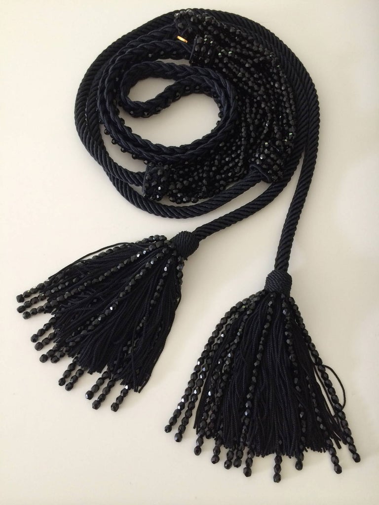 Yves Saint Laurent YSL Black Beaded Rope and Tassel Necklace Belt, 1990s