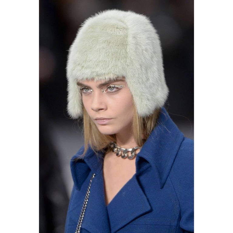 2013 Chanel Fall Runway Silver Green Fox Fur Helmut Hat