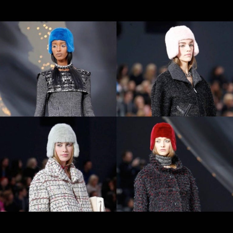 2013 Chanel Fall Runway Silver Green Fox Fur Helmut Hat