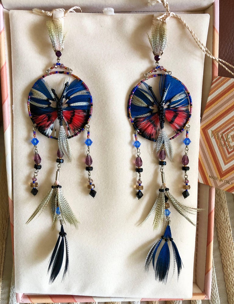 Valentino Resort Butterfly Dream Catcher Feather Shoulder Duster Earrings, 2016