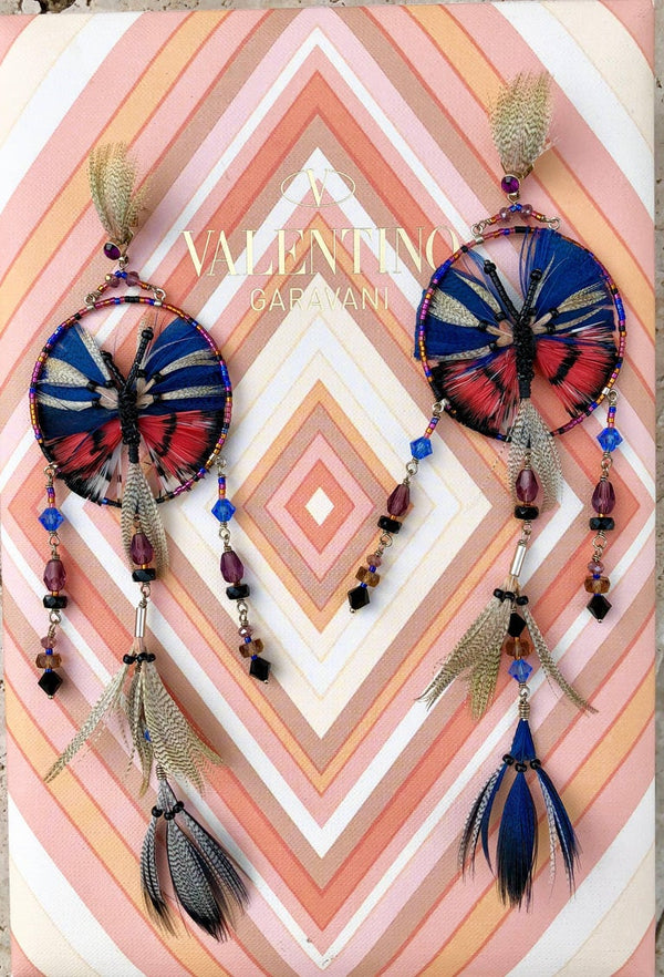 Valentino Resort Butterfly Dream Catcher Feather Shoulder Duster Earrings, 2016