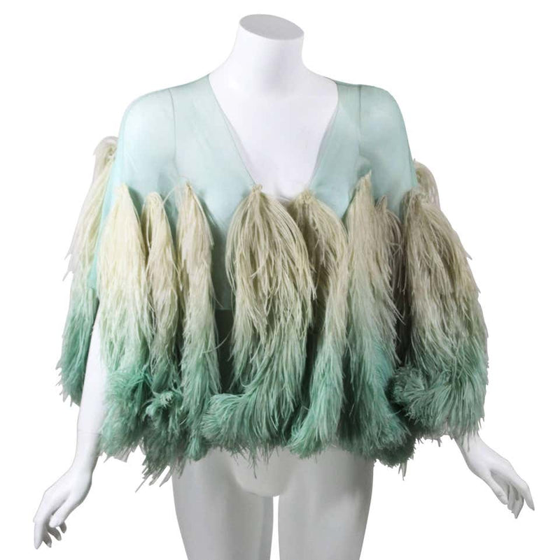 Incredible 1930s Aquamarine Silk and Ombre Ostrich Feather Cape Shawl