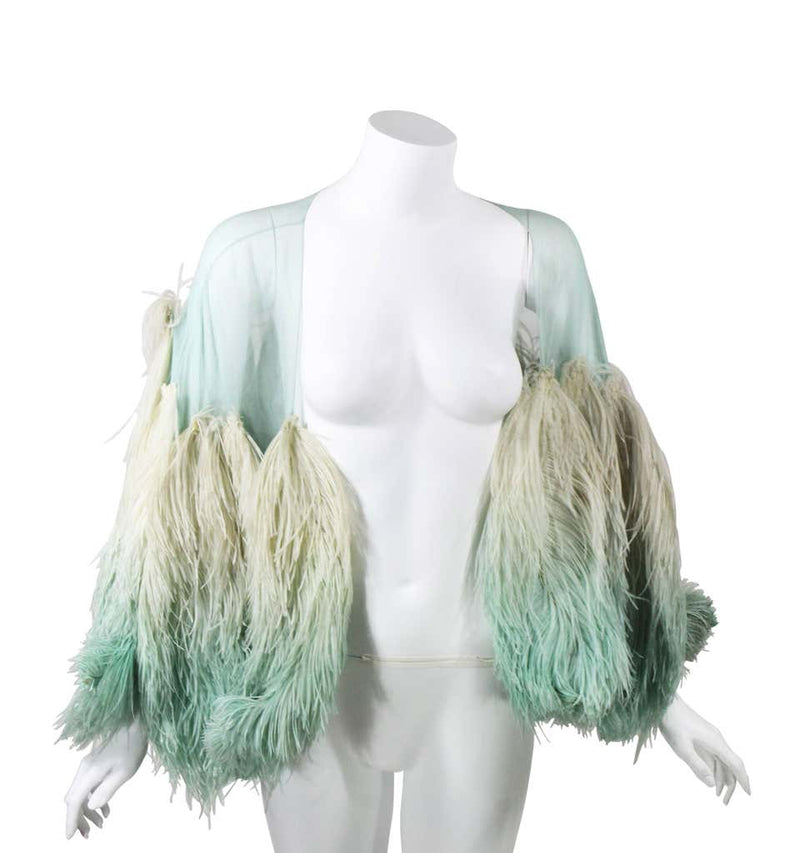 Incredible 1930s Aquamarine Silk and Ombre Ostrich Feather Cape Shawl