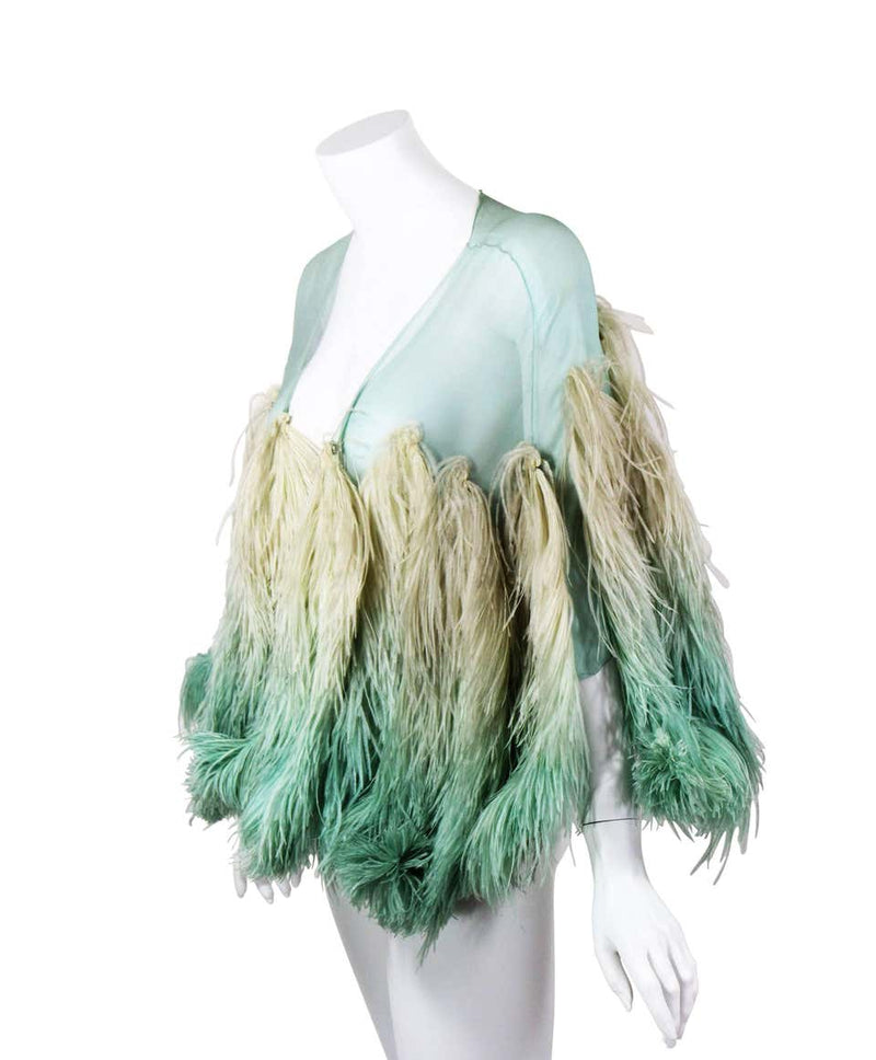 Incredible 1930s Aquamarine Silk and Ombre Ostrich Feather Cape Shawl