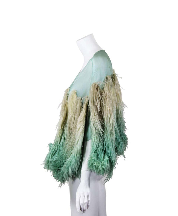 Incredible 1930s Aquamarine Silk and Ombre Ostrich Feather Cape Shawl