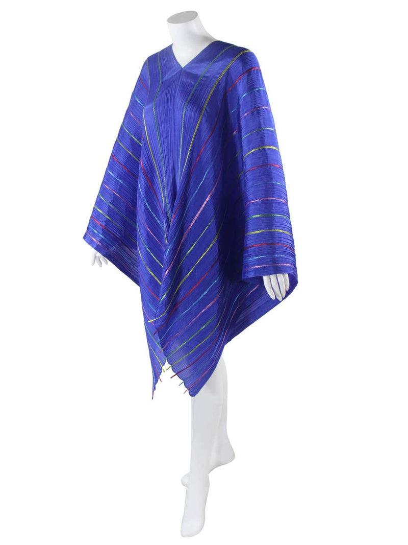 Issey Miyake "Pleats Please" Blue Colorful Ribbon Stripe Shawl Poncho Cape Dress