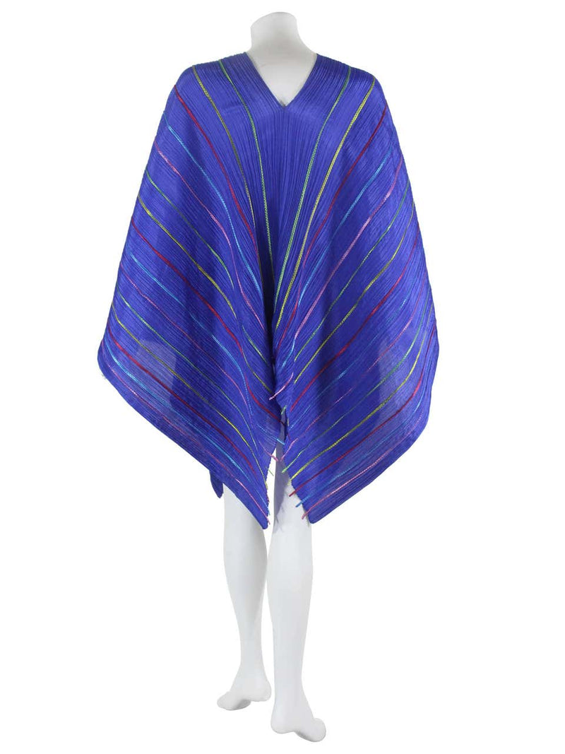 Issey Miyake "Pleats Please" Blue Colorful Ribbon Stripe Shawl Poncho Cape Dress