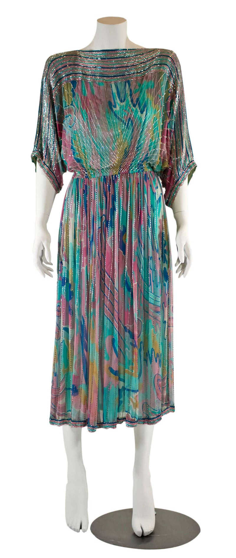 1970s Judith Ann Watercolor Silk Chiffon and Beaded Dress
