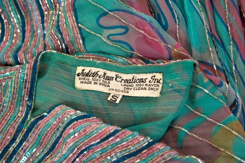 1970s Judith Ann Watercolor Silk Chiffon and Beaded Dress