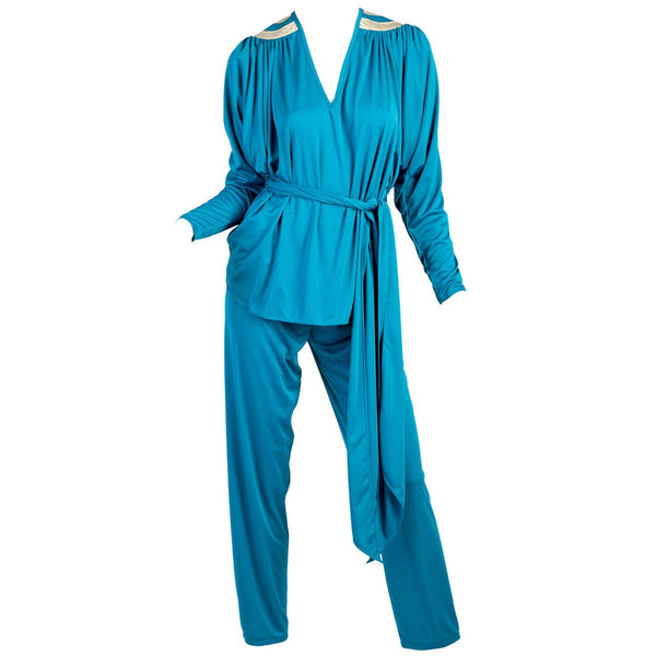 1970s Bill Tice Turquoise & Gold Gathered Jersey Dolman Sleeve Top & Pants Set