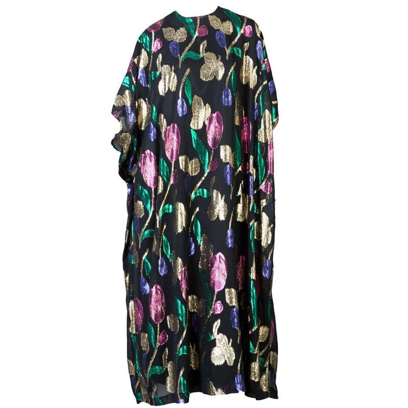 Stunning Vintage Black with Pink, Green and Gold Metallic Floral Caftan Dress