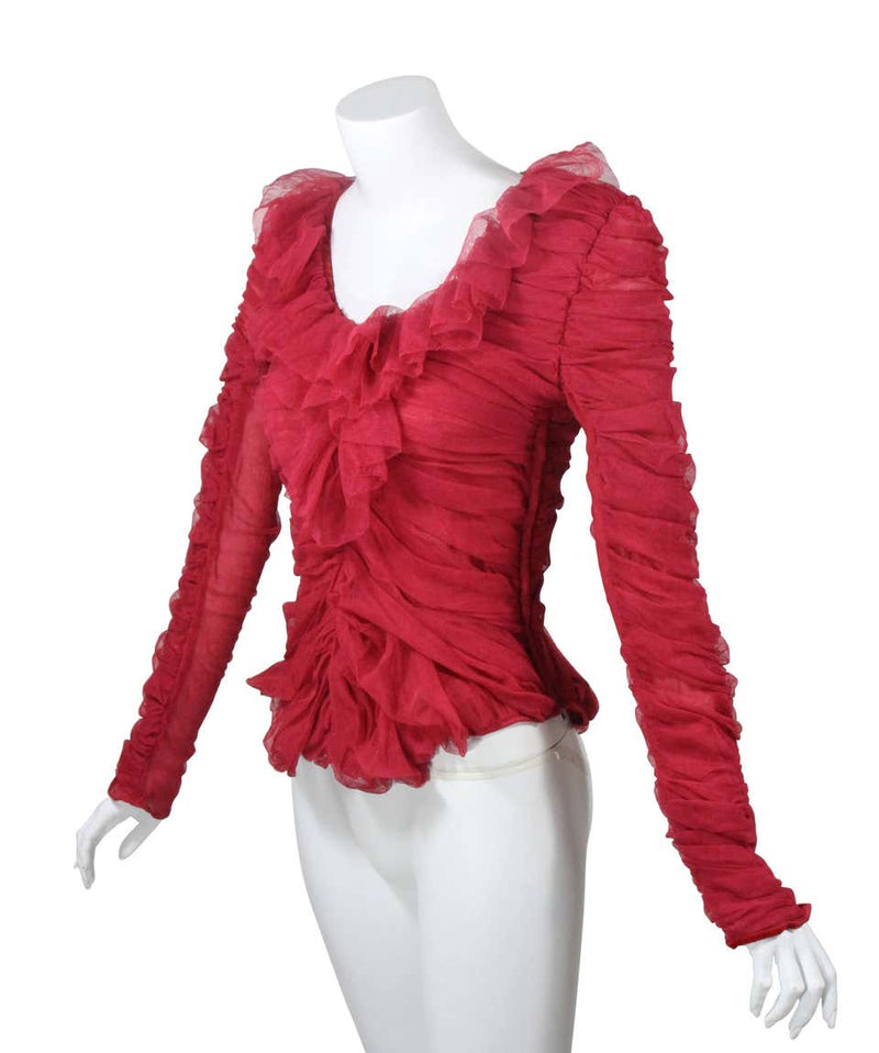 Tom Ford for Yves Saint Laurent Red Ruched Ruffled Silk Top Blouse
