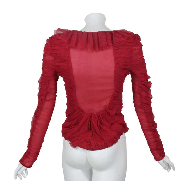 Tom Ford for Yves Saint Laurent Red Ruched Ruffled Silk Top Blouse