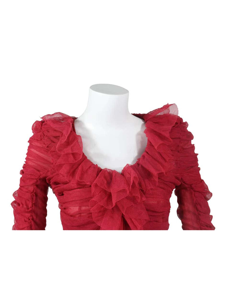 Tom Ford for Yves Saint Laurent Red Ruched Ruffled Silk Top Blouse