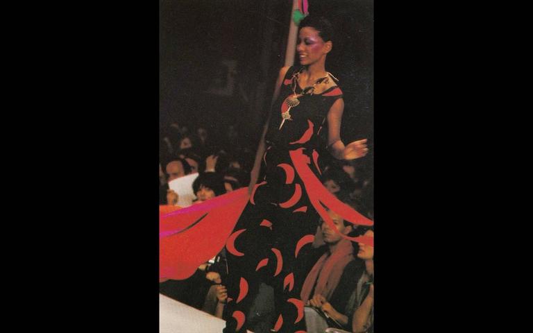1970s Yves Saint Laurent Red & Black Crescent Moon Ruffle Peasant Dress