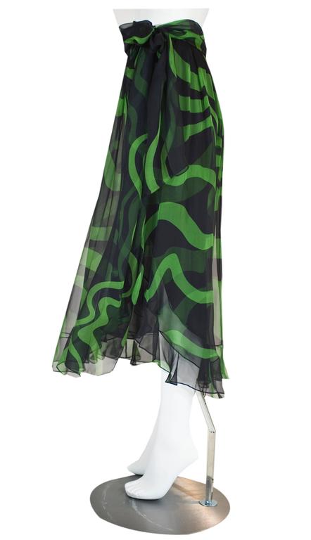 Yves Saint Laurent Black and Green Silk Chiffon Ruffle Trim Sash Skirt, 2004