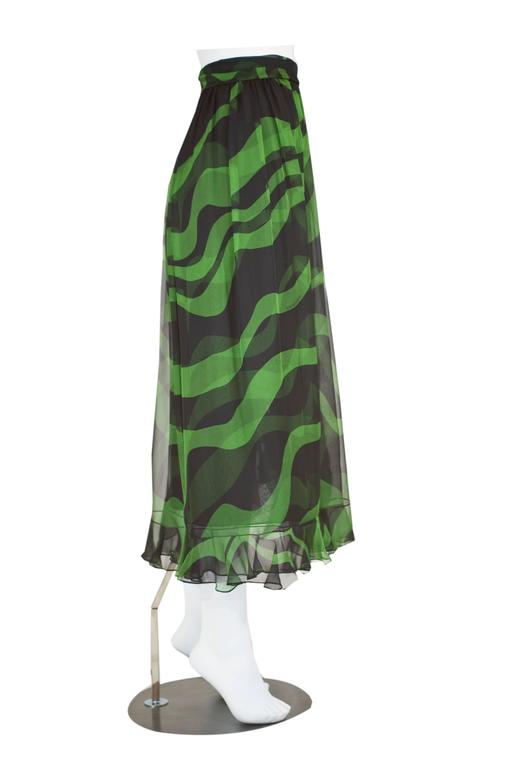 Yves Saint Laurent Black and Green Silk Chiffon Ruffle Trim Sash Skirt, 2004