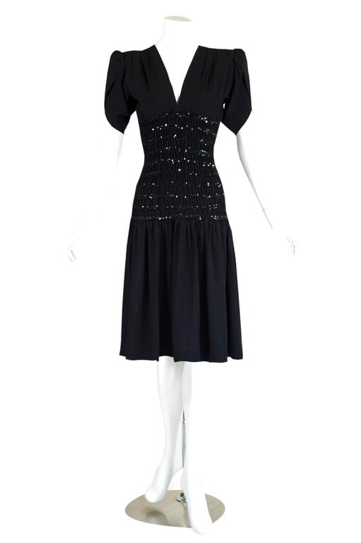 1980s Yves Saint Laurent Black Crepe and Sequin Waist Dress Documented