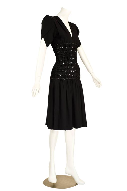 1980s Yves Saint Laurent Black Crepe and Sequin Waist Dress Documented