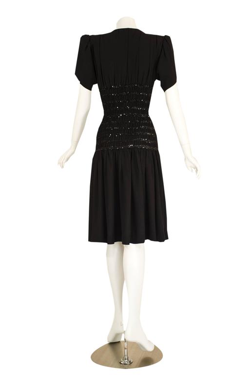 1980s Yves Saint Laurent Black Crepe and Sequin Waist Dress Documented