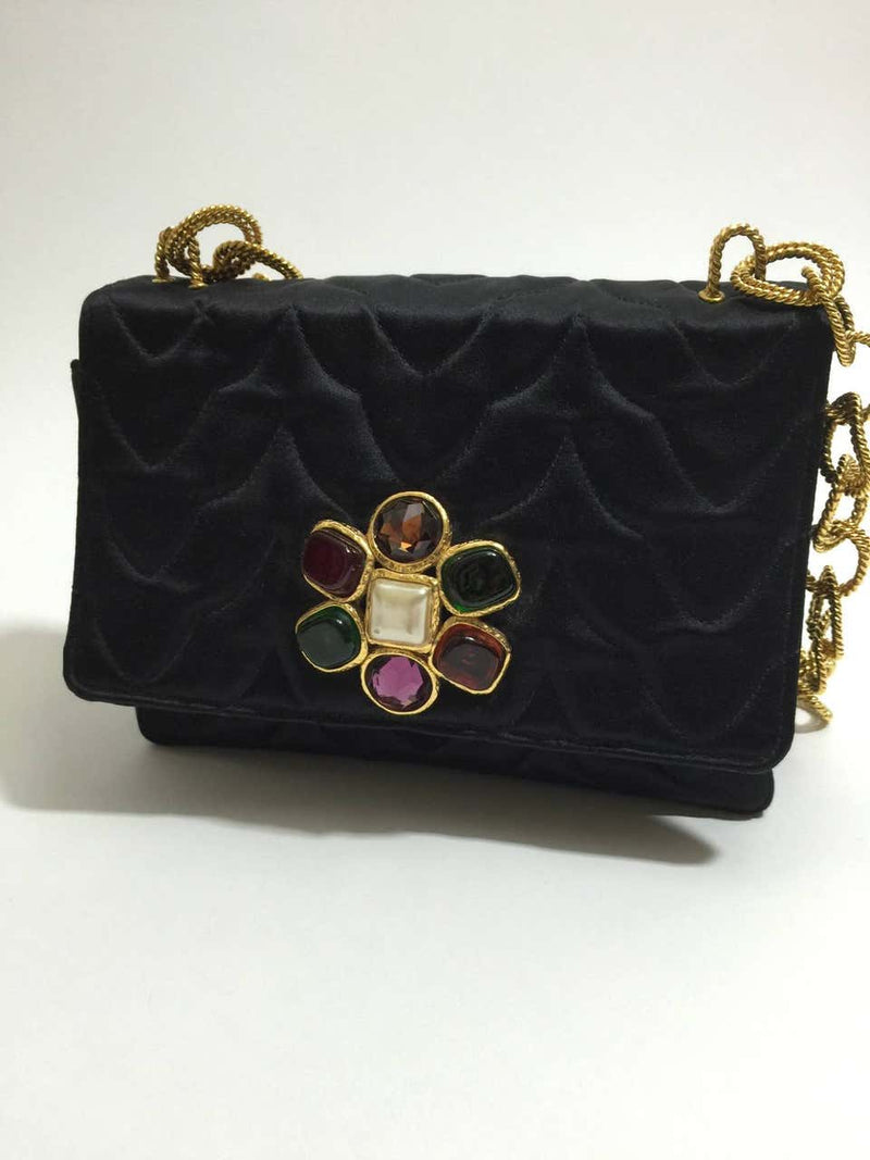 Rare Vintage Chanel Gripoix & Gold Chain Satin Evening Bag / Purse