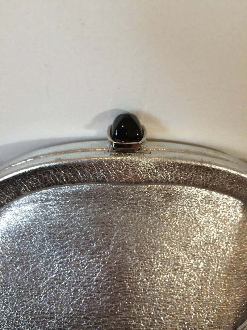 Vintage Judith Leiber Metallic Silver Leather Black Onyx Clasp Evening Bag