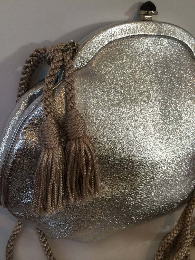 Vintage Judith Leiber Metallic Silver Leather Black Onyx Clasp Evening Bag