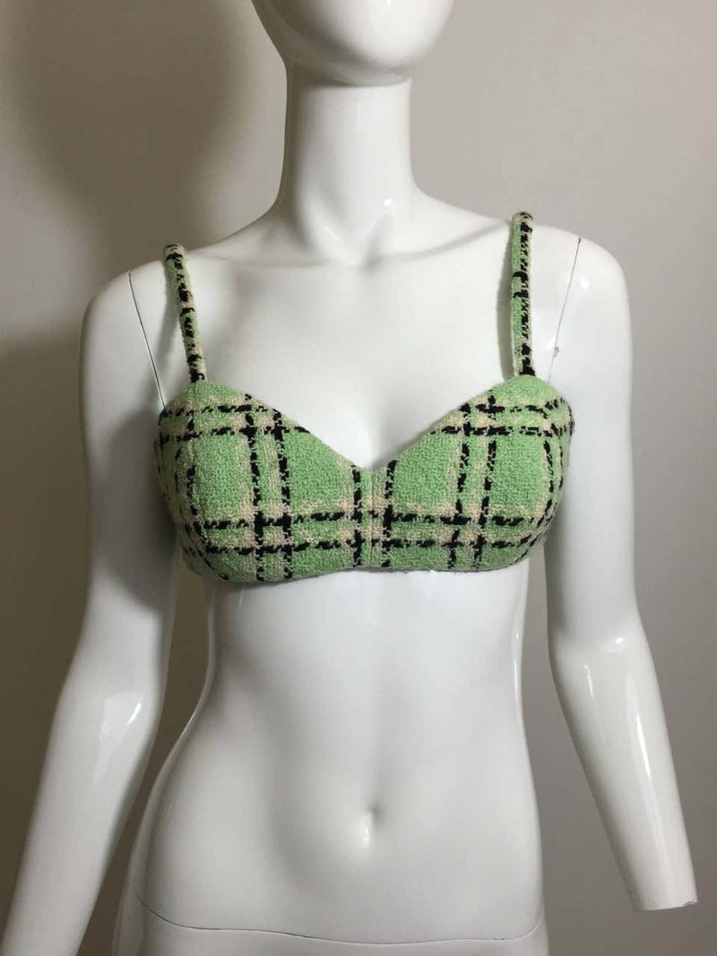 1994 Chanel S/S Runway Pastel Green Plaid Boucle Bralette Top w/ Tags Documented