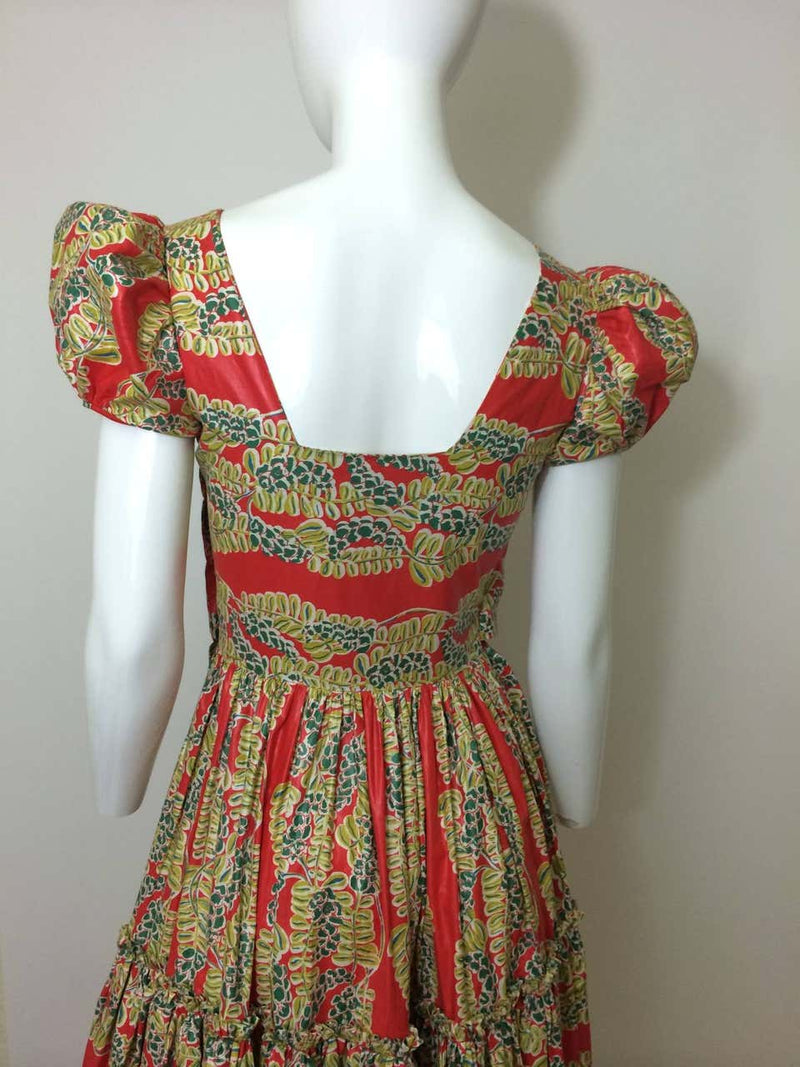 1940s Polished Cotton Floral Print Short Puff Sleeve Maxi Dress