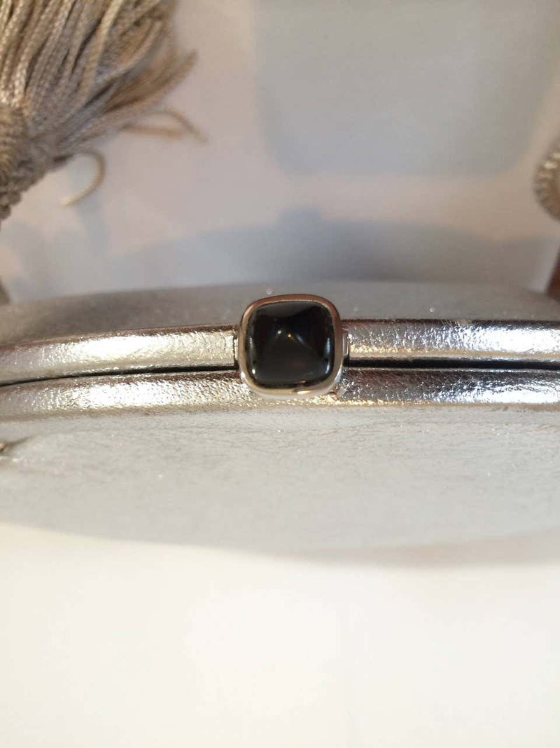 Vintage Judith Leiber Metallic Silver Leather Black Onyx Clasp Evening Bag