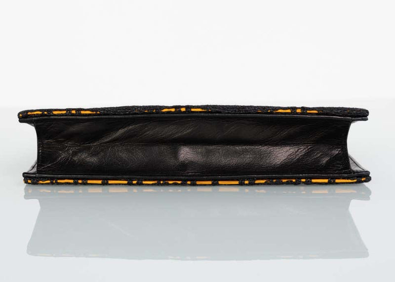 Isabel Canovas Black & Gold Silk Leather Green Bakelite Leaf Clutch, 1980s
