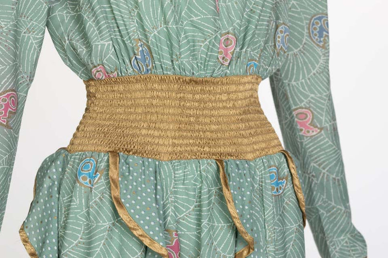 Jeanne Marc Seafoam Print Dress Gold Accents, 1980s