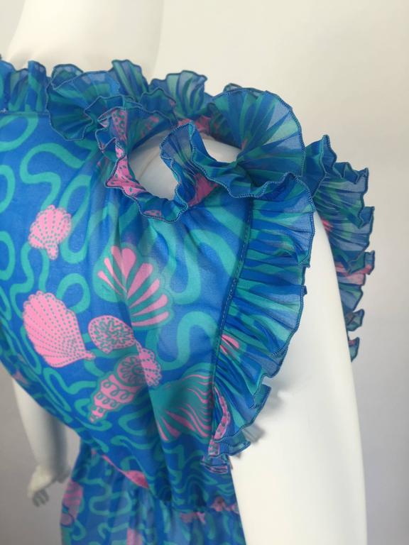 1970s Zandra Rhodes Blue and Pink Seashell Print Sleeveless Caftan Dress