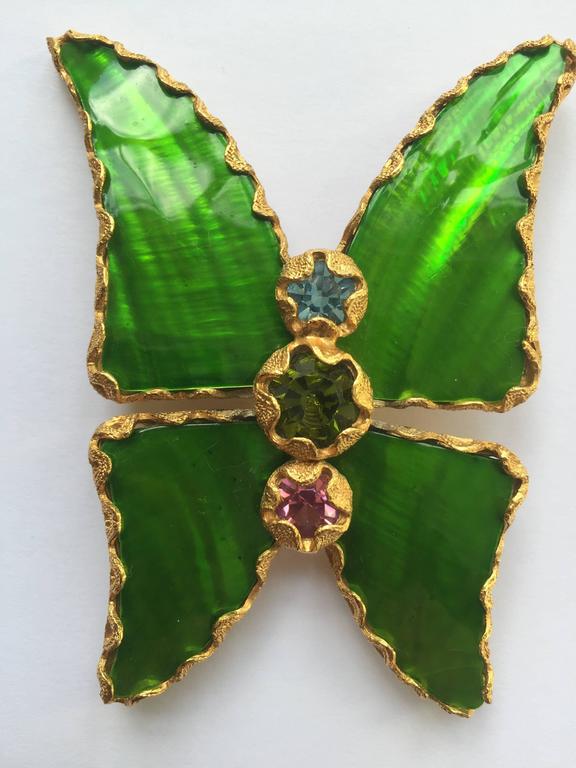 Vintage Yves Saint Laurent Green Enamel and Gold Butterfly Pin YSL