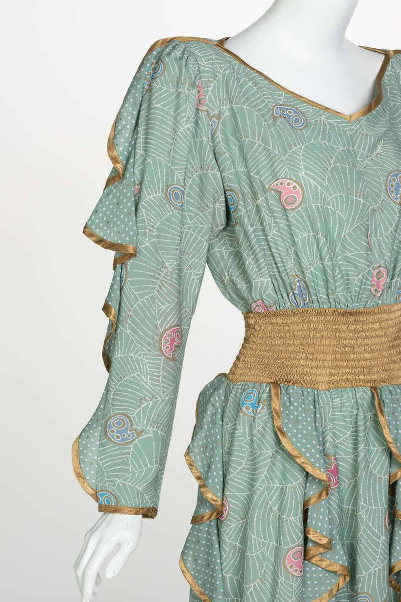 Jeanne Marc Seafoam Print Dress Gold Accents, 1980s