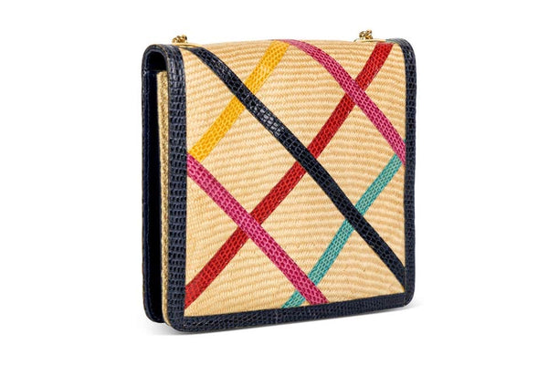 Vintage Bottega Veneta Multicolored Lizard Raffia Gold Chain Bag