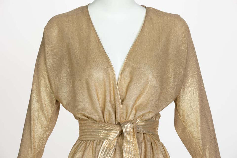 Bill Tice Gold Lurex Plunge Neck Belted Maxi Dress, 1980s Basha Gold Bill Tice Gold Lurex Plunge Neck Belted Maxi Dress, 1980s Basha Gold