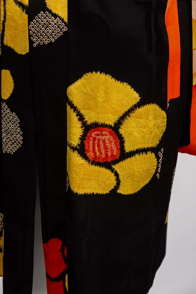 1930s Black Vibrant Shibori Flower Silk Kimono Jacket
