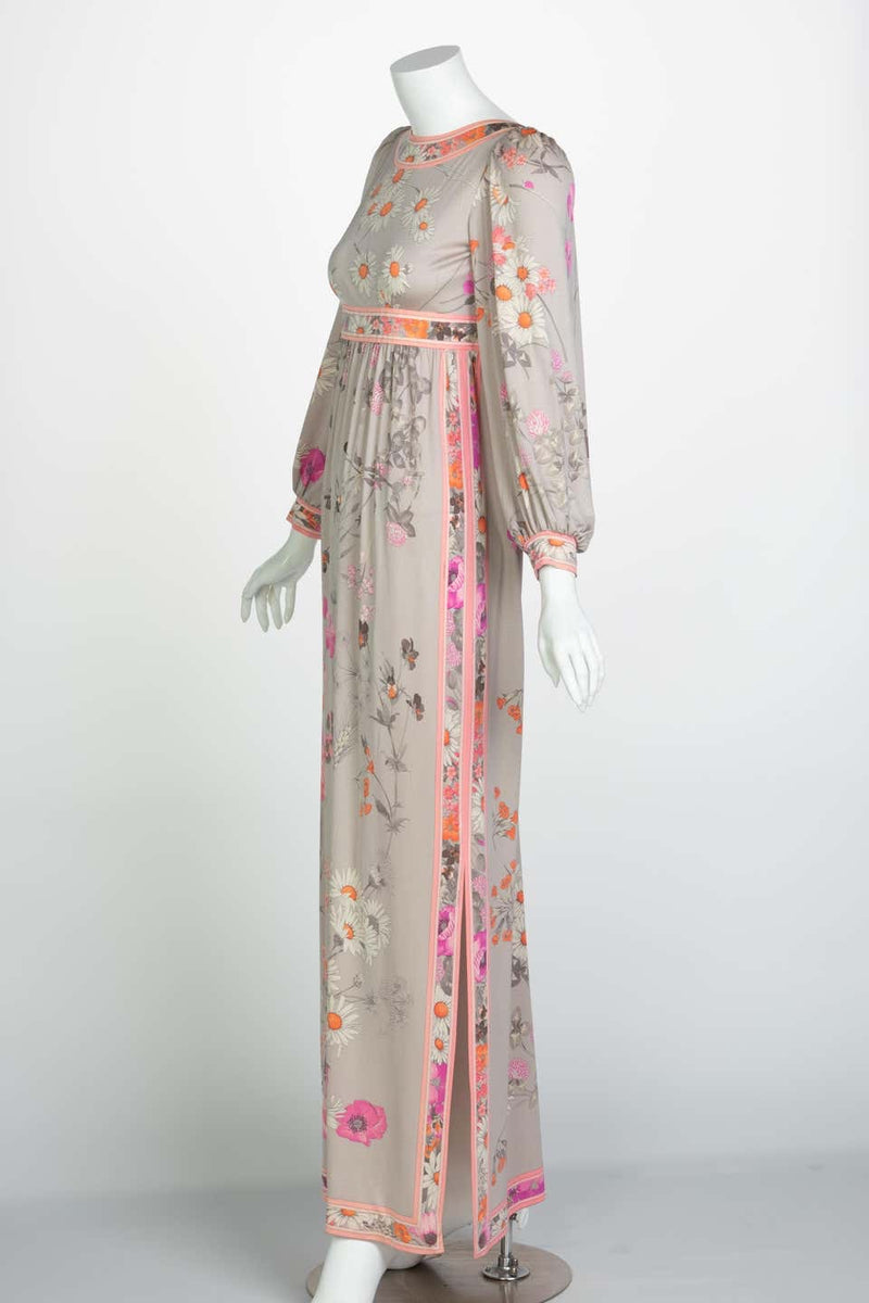 Leonard Paris Silk Floral Floral Print Open Square-Back Maxi Dress, 1970s