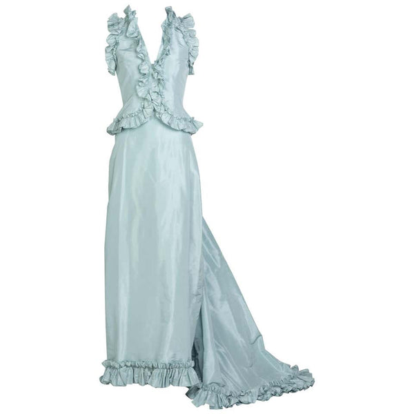 Vintage Oscar de la Renta Baby Blue Silk Taffeta Gown Ensemble