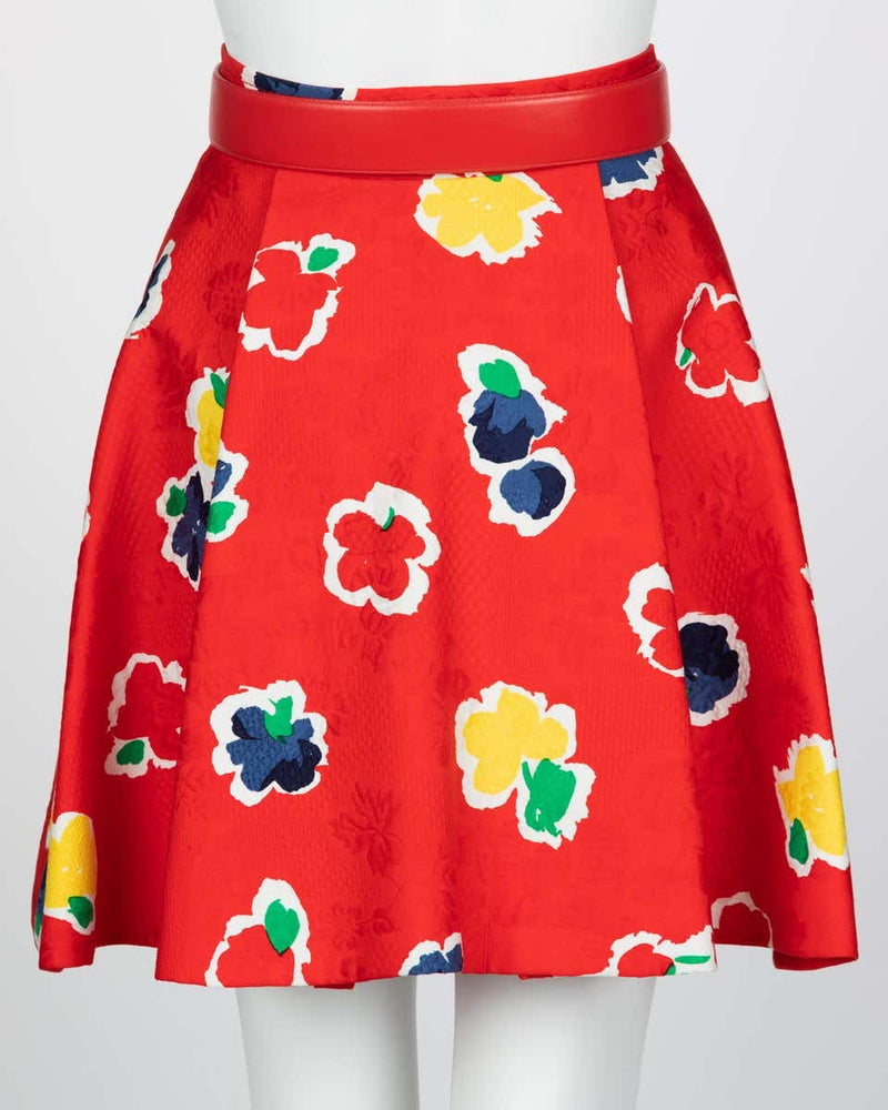 Galanos Red Floral Cotton Wrap Skirt w/ Belt, 1980s