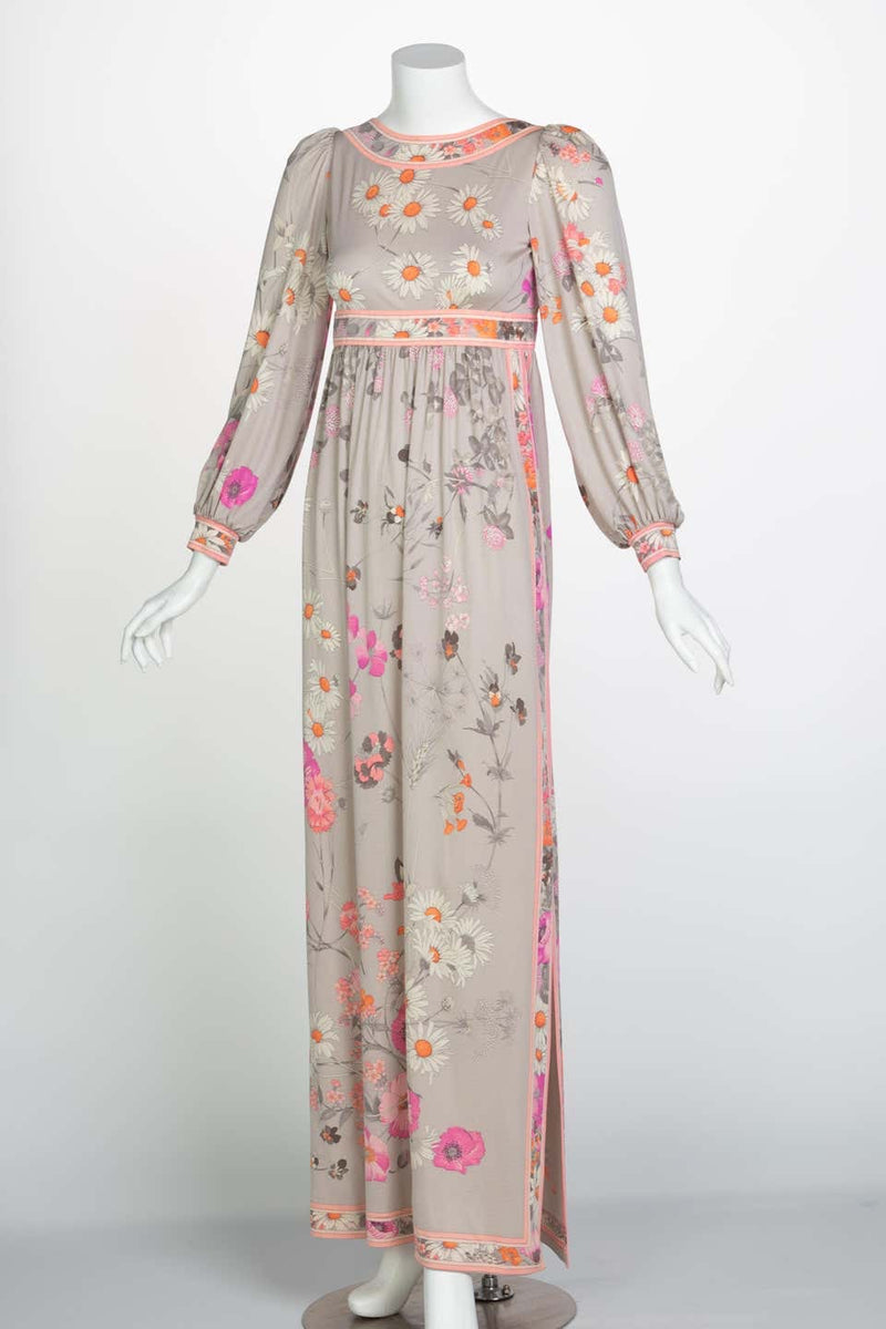 Leonard Paris Silk Floral Floral Print Open Square-Back Maxi Dress, 1970s