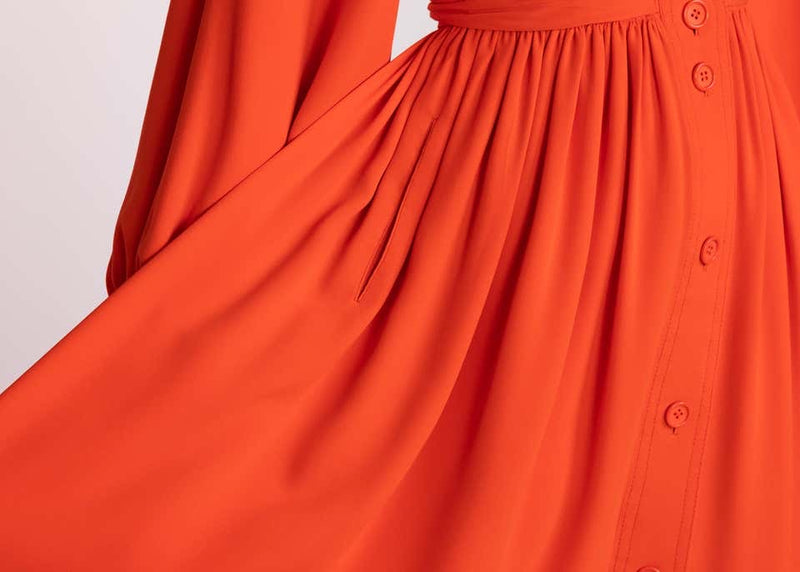Galanos Orange Silk Plunge Neck Bishop Sleeve Dress, 1970s