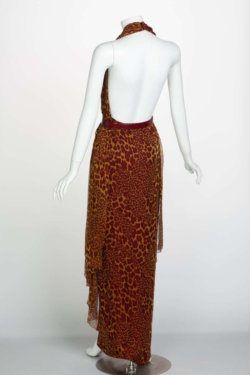 James Galanos Couture Chiffon Cheetah Print Open Back Halter Dress, 1980s
