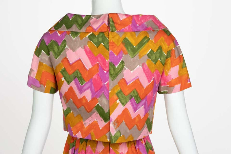 Christian Dior Demi-Couture Colorful Chevron Tailored Belted Dress, 1950s