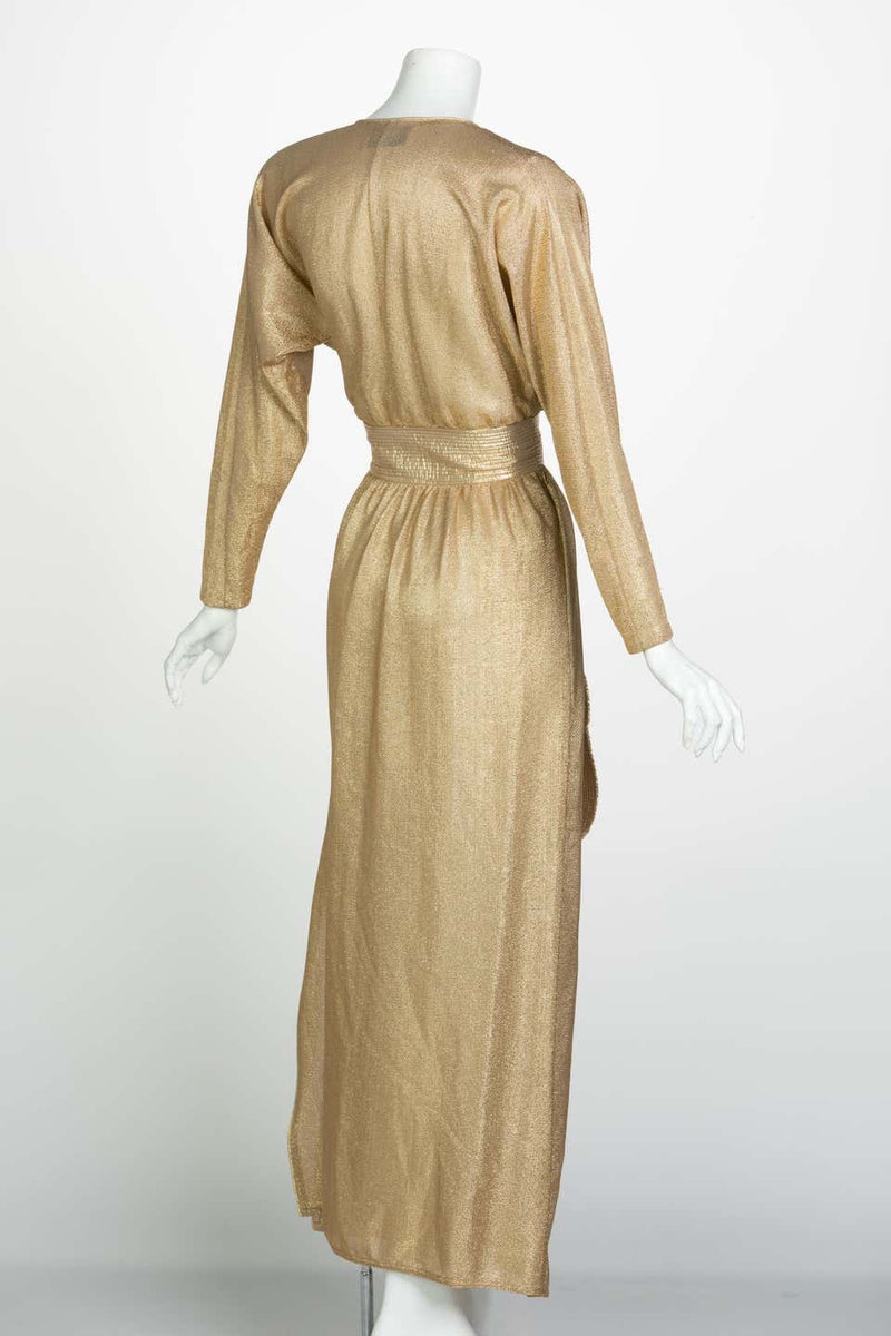 Bill Tice Gold Lurex Plunge Neck Belted Maxi Dress, 1980s