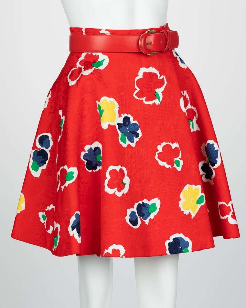 Galanos Red Floral Cotton Wrap Skirt w/ Belt, 1980s