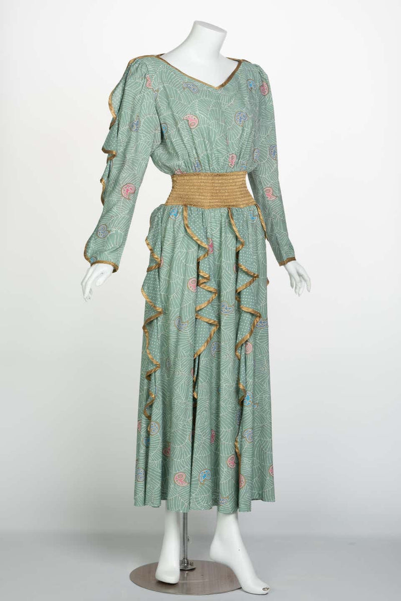 Jeanne Marc Seafoam Print Dress Gold Accents, 1980s